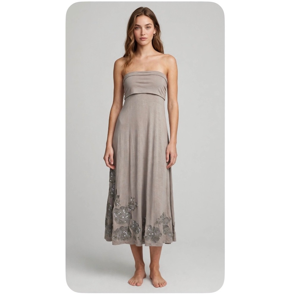 INC International Concepts Embroidered Sequin Convertible Skirt Dress Taupe L